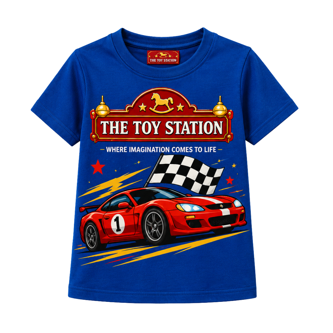 Blue kids t-shirt with red race car and checkered flag, 'The Toy Station' logo