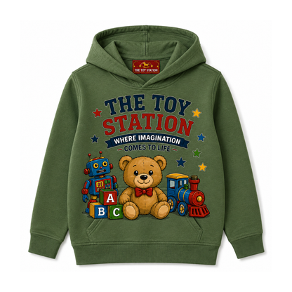 The Toy Station Kids Teddy Bear & Toy Train Graphic Hoodie – Green