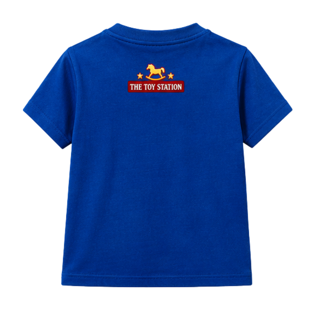 Blue kids t-shirt with The Toy Station logo and rocking horse design