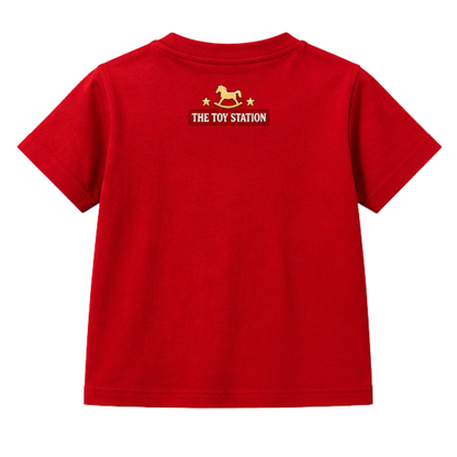 Red kids t-shirt with The Toy Station logo and rocking horse design