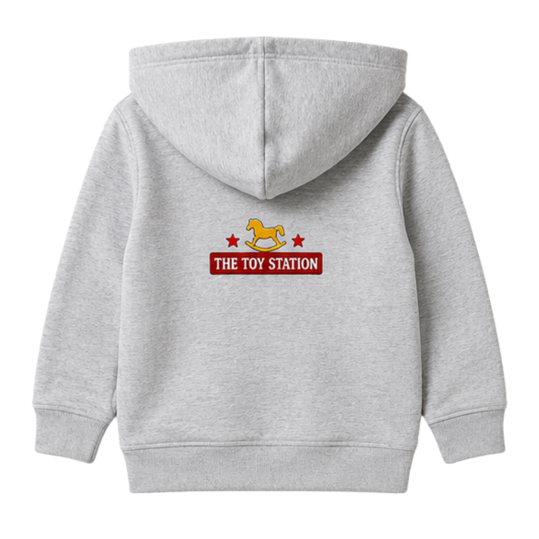 Gray kids hoodie with 'The Toy Station' logo and rocking horse design on back