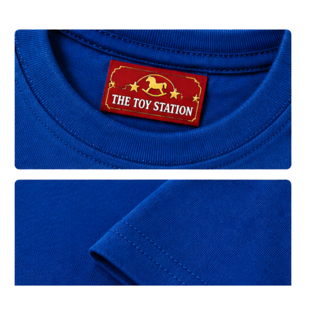 Blue t-shirt with The Toy Station label featuring a rocking horse design