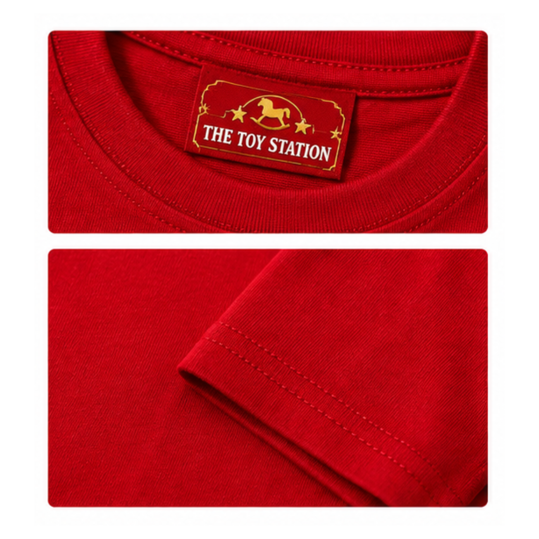 Red T-shirt with The Toy Station label featuring a rocking horse design