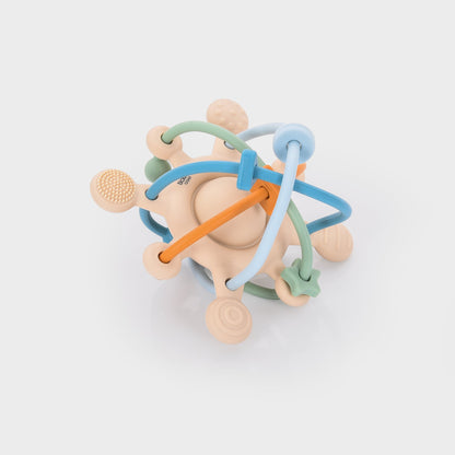 Colorful baby teether toy with textured silicone rings and star shapes for sensory play