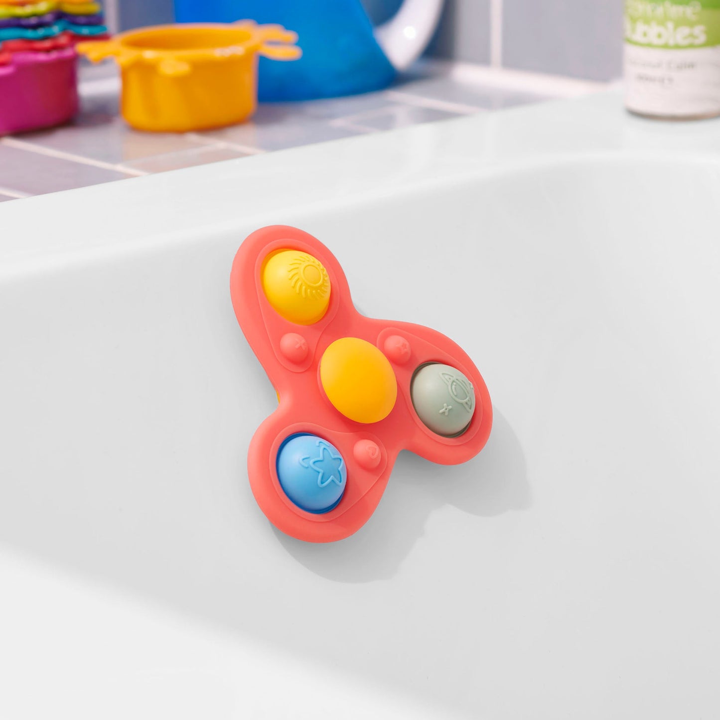 Colorful bath toy with sensory buttons for baby bath time fun