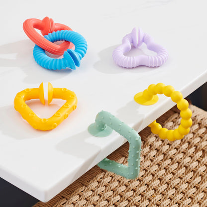 Colorful baby teething rings with suction cups for safe play and soothing gums