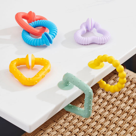 Colorful baby teething rings with suction cups for safe play and soothing gums