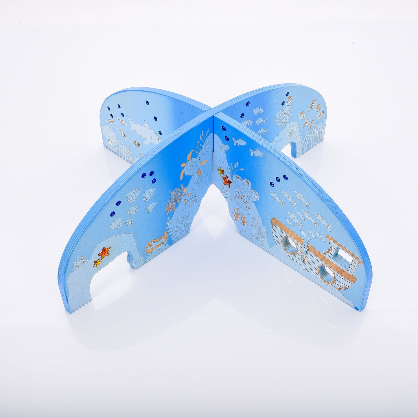 Blue wooden sea-themed toy with fish, turtle, and boat designs for kids' play