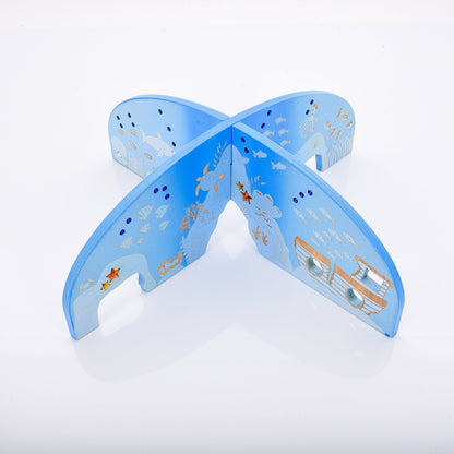 Blue wooden sea-themed toy with fish, turtle, and boat designs for kids' play