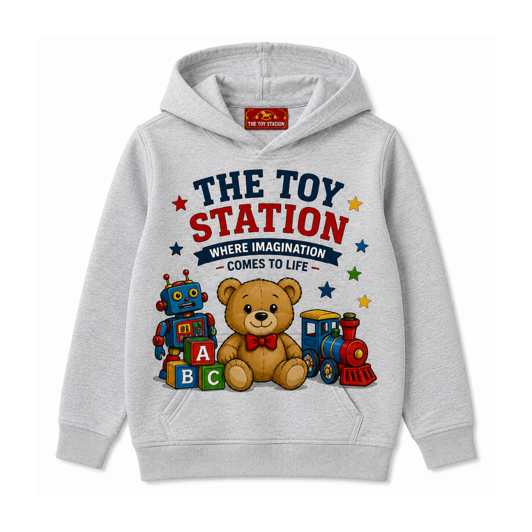Kids gray hoodie with teddy bear, robot, train, and ABC blocks, 'The Toy Station' graphic