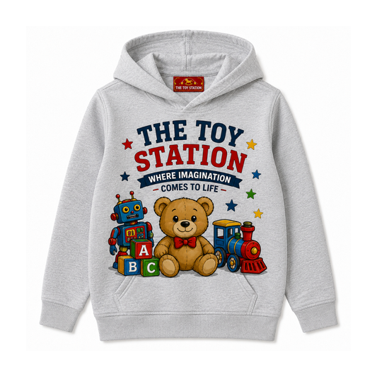 Kids gray hoodie with teddy bear, robot, train, and ABC blocks, 'The Toy Station' graphic