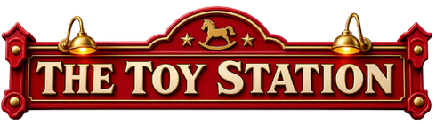 The Toy Station sign with red background, gold lettering, and rocking horse emblem